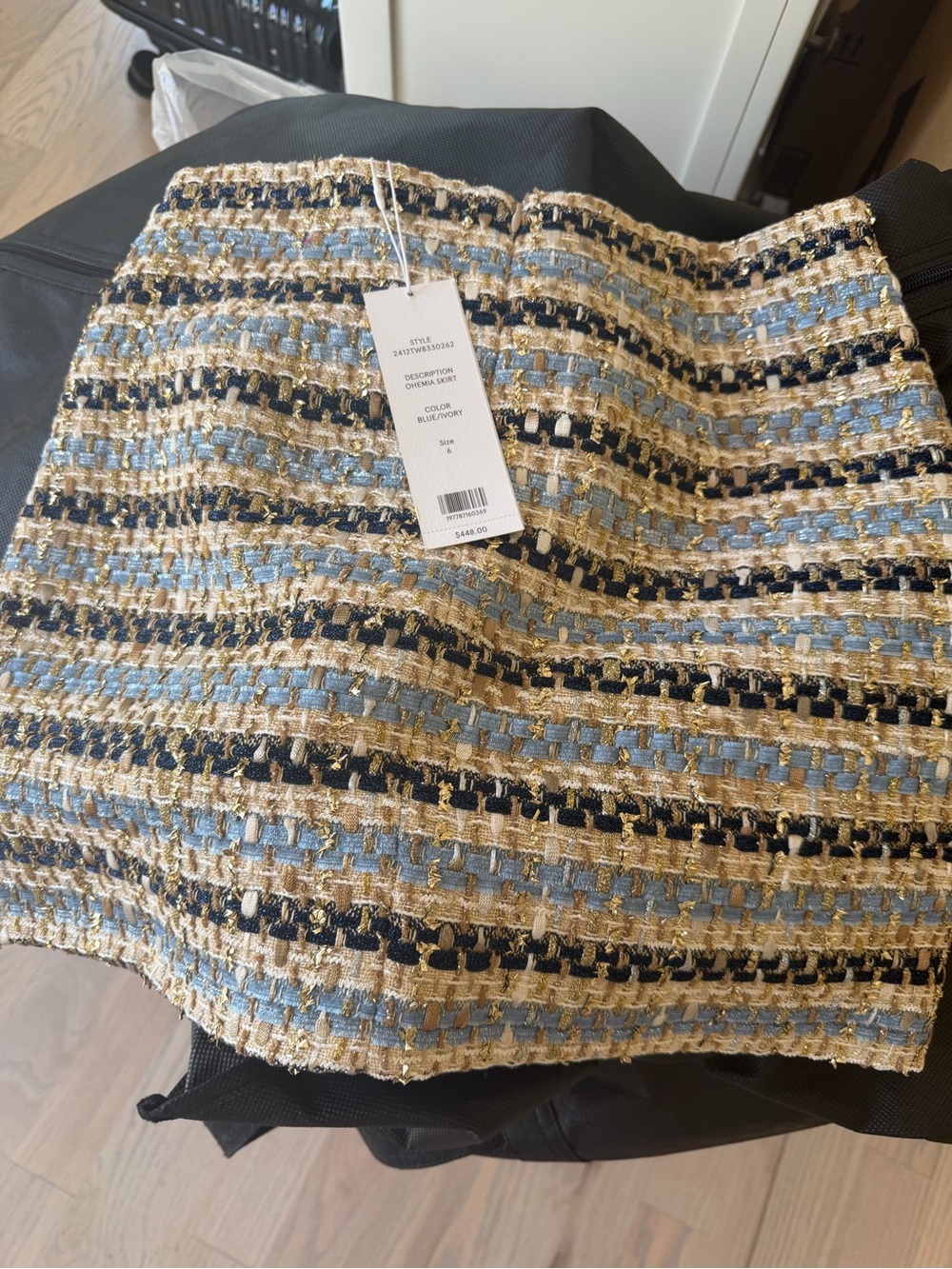 Veronica Beard Woven Tweed Mini Skirt in Light Blue, Navy & Gold